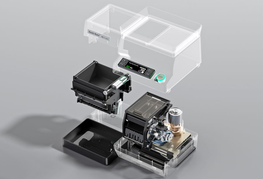 Hawkmatic HK-6 Explosionszeichnung mit Brushless-Motor, Planetengetriebe und elektronischer Steuerung